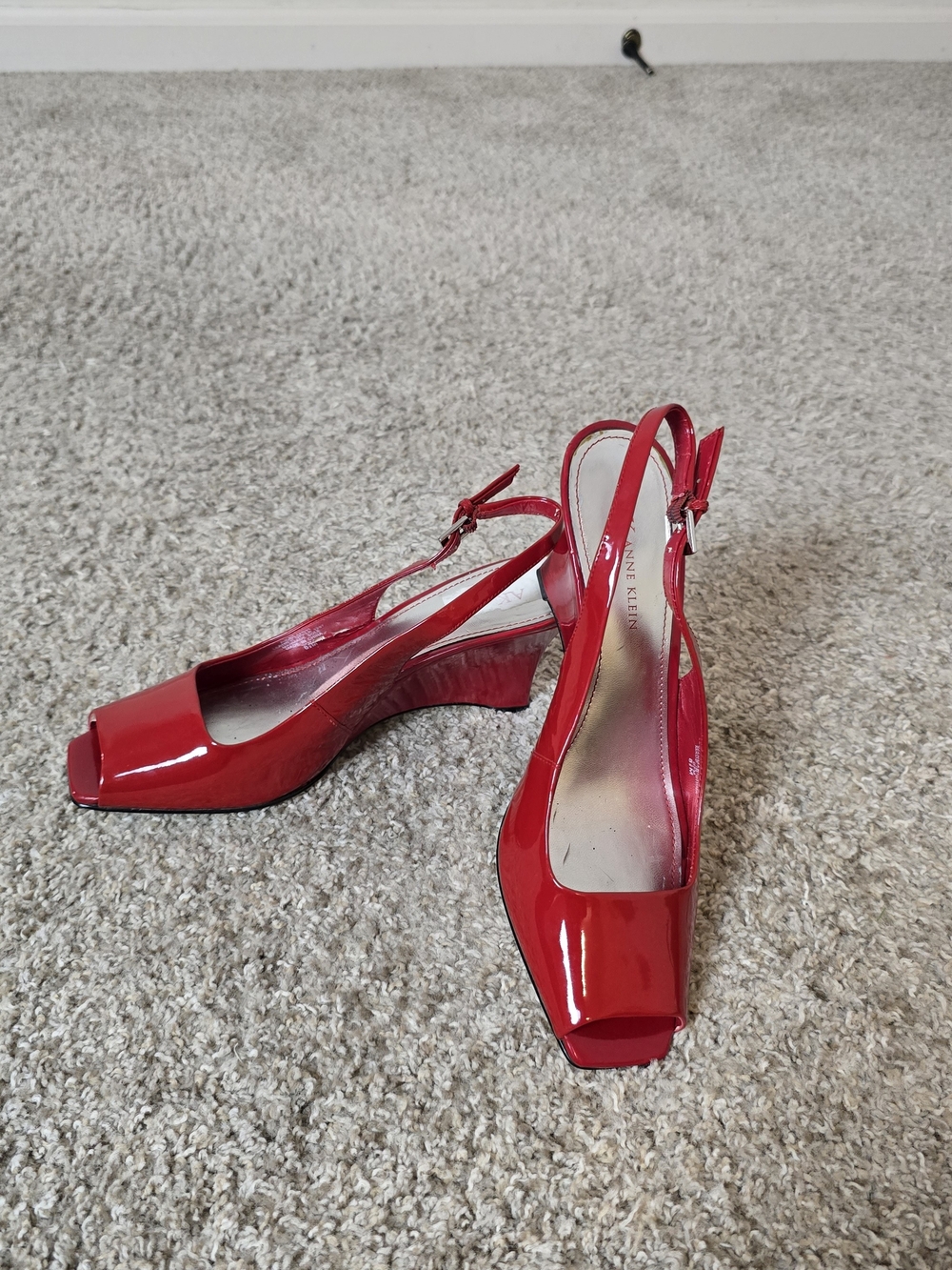 Anne Klein Red Genuine Leather Slingback Wedge Heels Open Toe Ankle Strap 8.5M